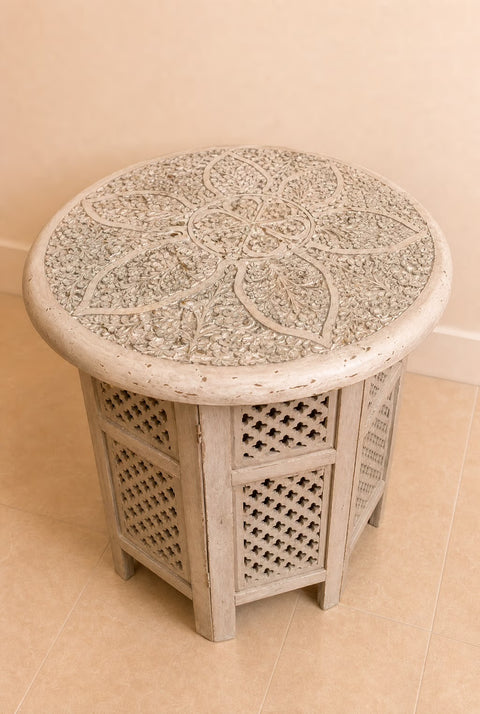 Vintage Hand-Carved Moroccan Round Accent Table | Pink Wood Side Table