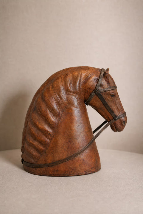 Vintage Brown Leather Horse Head Bust | Equestrian Decor Sculpture