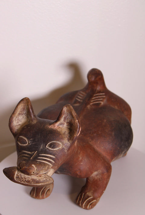 Carved Brown Cat Sculpture