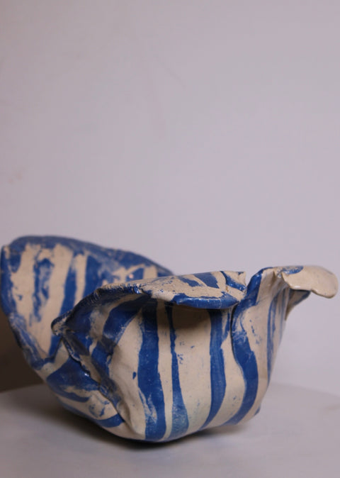Folded Sculptural Blue Striped Ceramic Bowl