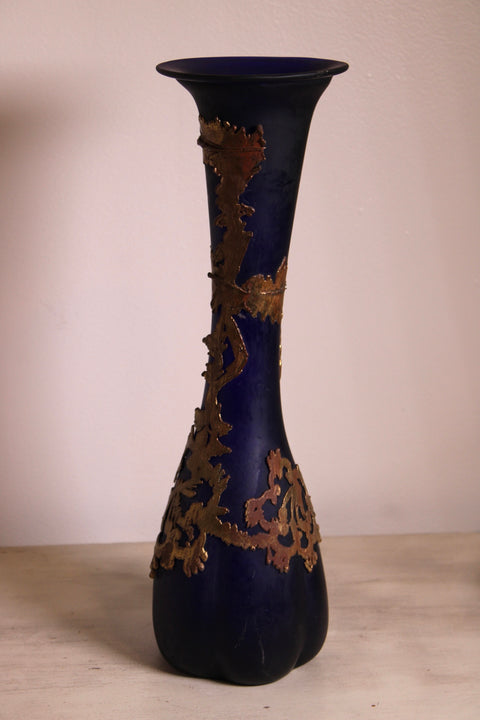 Vintage Cobalt Blue Vase with Gold Overlay Branch Decoration