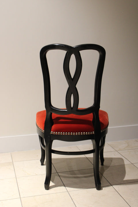 Vintage Black Ribbon Back Dining Chairs with Red Upholstery (Pair)