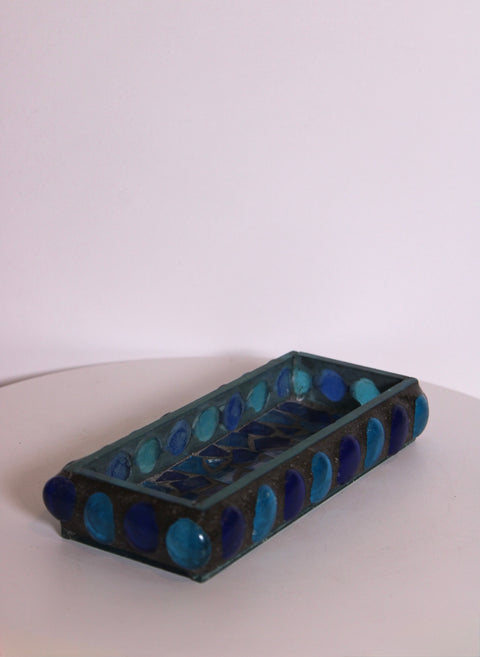 Vintage Handcrafted Blue Mosaic Glass Catchall Tray