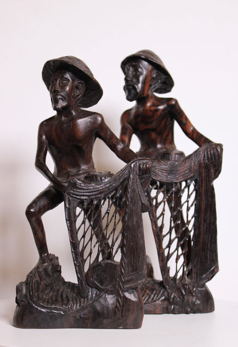 Hand Carved Wood Fishermen Sculpture