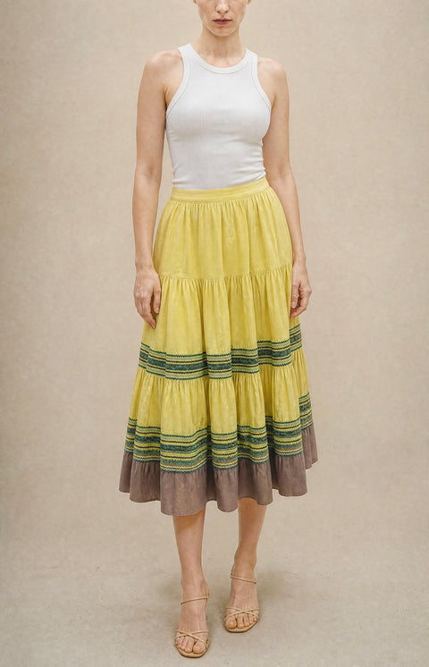Vintage Yellow Tiered Prairie Midi Skirt