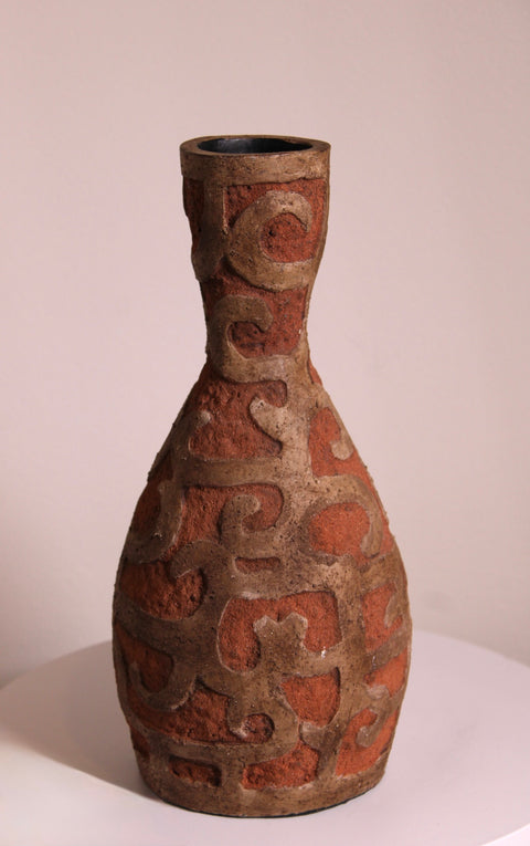 Vintage Earthware Scroll Design Bottle Neck Vase