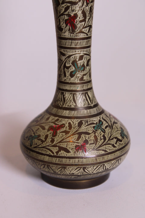 Floral Etched Brass Trumpet Vase