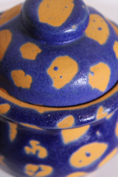 Blue Yellow Spotted Covered Pottery Box