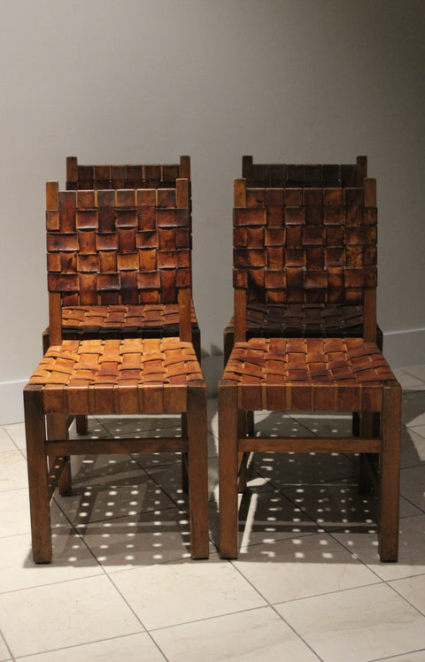 Vintage Spanish Revival Leather Strap Dining Chairs | Set of Four Brutalist Chairs