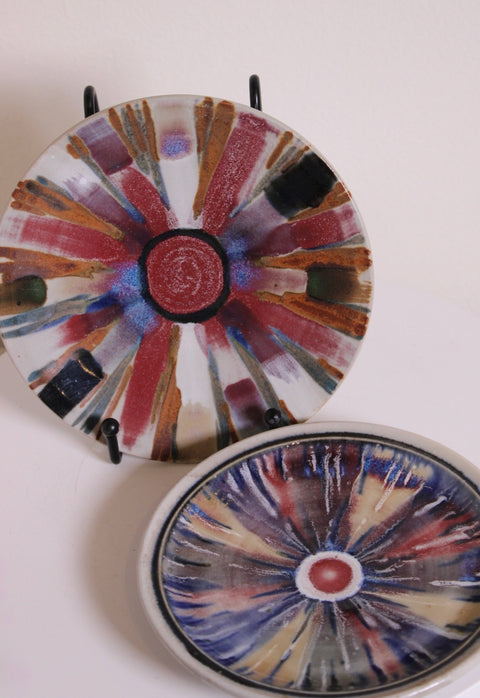 Pair Mid Century Studio Pottery Sunburst Chargers