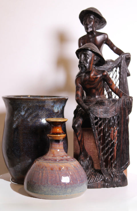 Hand Carved Wood Fishermen Sculpture