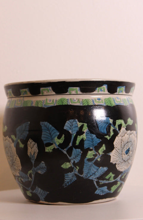 Art Deco Floral Black Pottery Planter