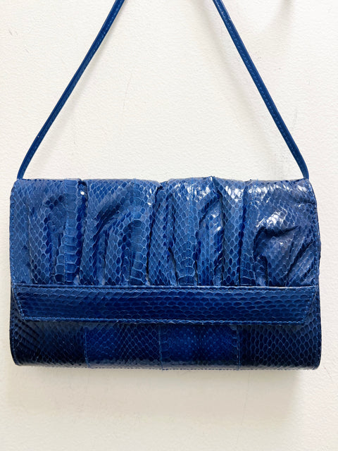 Blue Reptile-Texture Leather Shoulder Bag