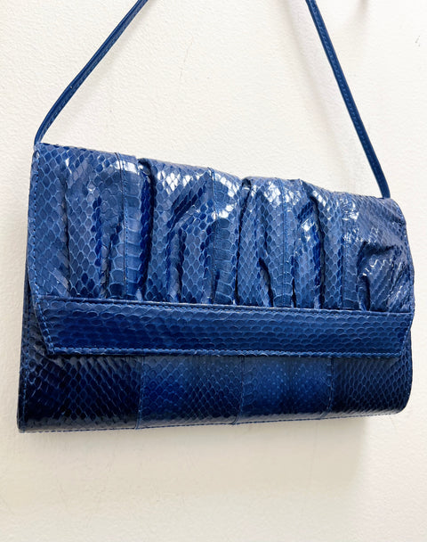 Blue Reptile-Texture Leather Shoulder Bag