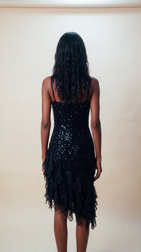 Stenay Vintage Black Sequin Ruffle Slip Dress
