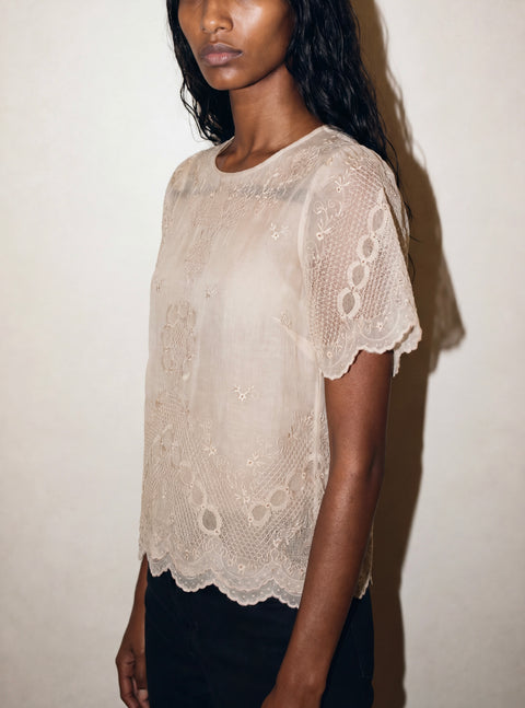 Hand-Embroidered Cream Sheer Vintage Blouse
