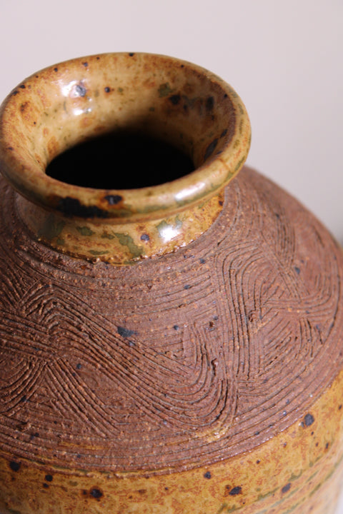Yellow Green Textured Studio Pottery Vase