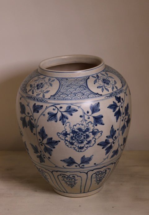 Vintage Large Blue and White Porcelain Planter Jar Floral Chinoiserie Vessel