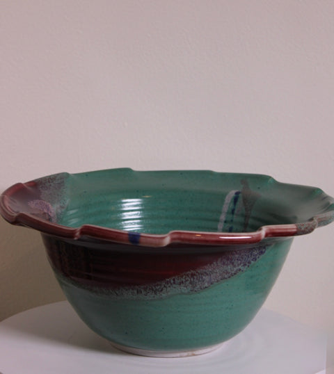 Turquoise Scalloped Studio Pottery Centerpiece Bowl