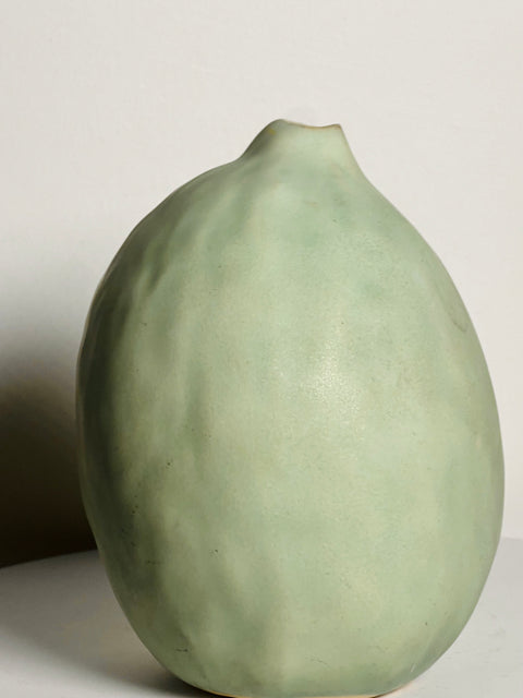 Signed  Chubby Off Kilter Green Bud Vase