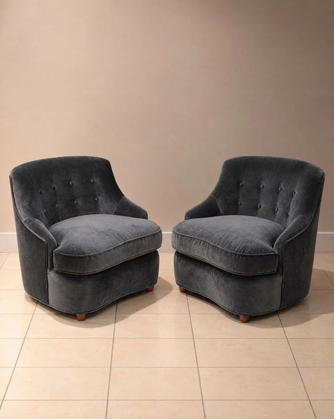 Vintage Charcoal Velvet Button-Tufted Barrel Chairs (Pair)