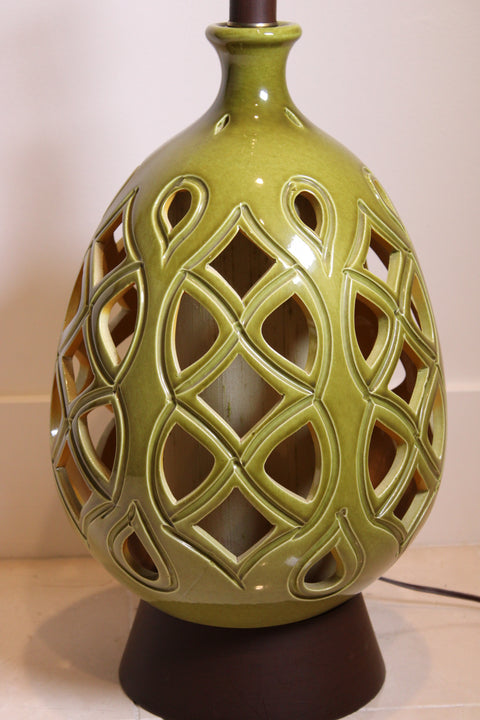 Mid-Century Olive Green Pierced Pottery Table Lamp