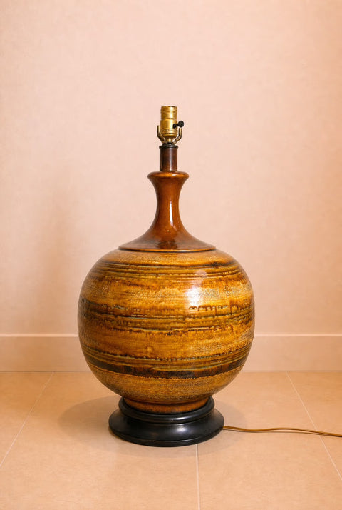 Vintage Monumental Bulbous Ceramic Table Lamp – Mid Century Modern Drip Glaze