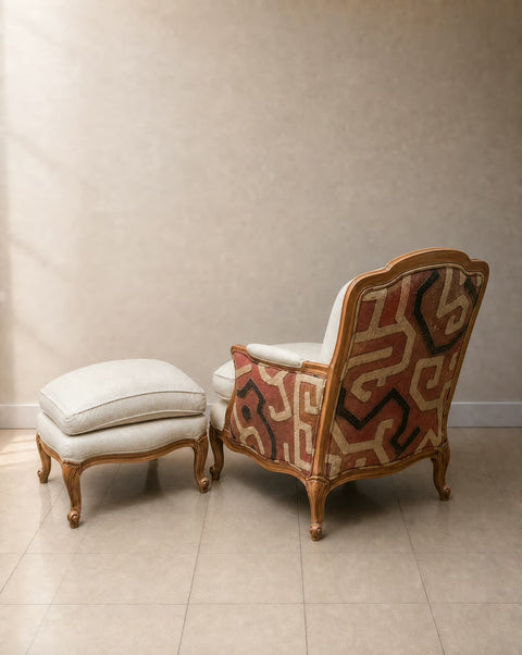 Vintage Reupholstered Kuba Cloth Chair + Ottoman
