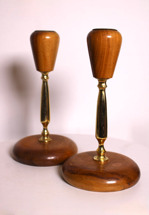 Pair of Myrtle Wood and Brass Candlesticks
