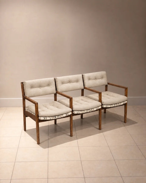 1980s Walnut Three-Seat Bench with Neutral Linen Upholstery