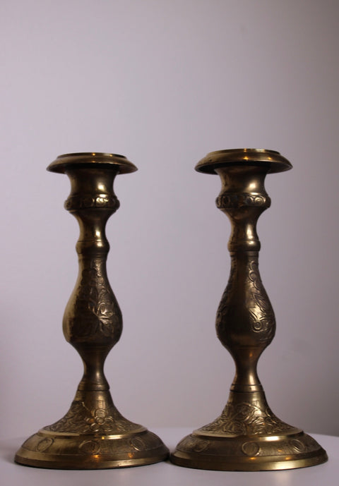 Pair of Engraved Brass Candlesticks