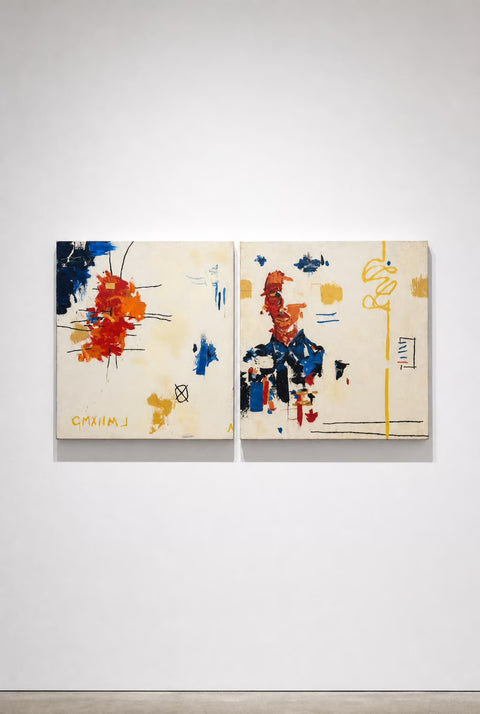 Vintage Abstract Diptych Painting – Primary Color Mixed Media Canvas Wall Art