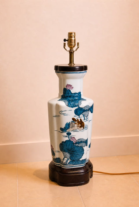 Vintage Knob Creek Chinoiserie Porcelain Table Lamp with Lotus Motif