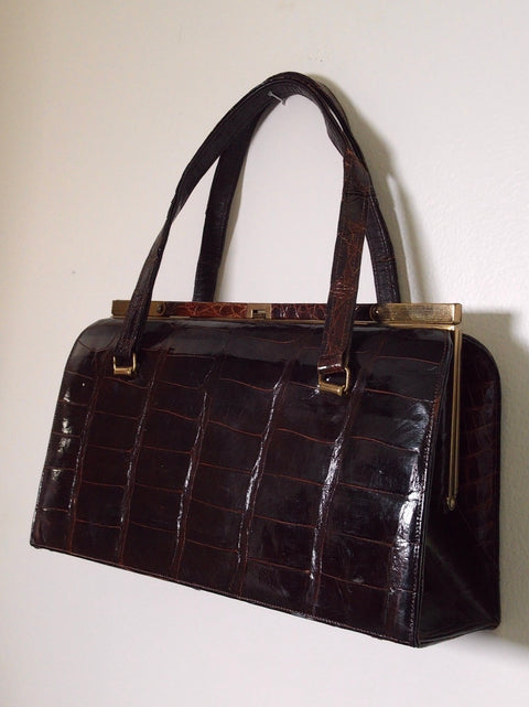 Pre Owned Black/Brown Crocodile-Embossed Leather Frame Handbag | Gold Kiss-Lock Clasp | Italy Top Handle Bag (Vintage 1970s–80s)