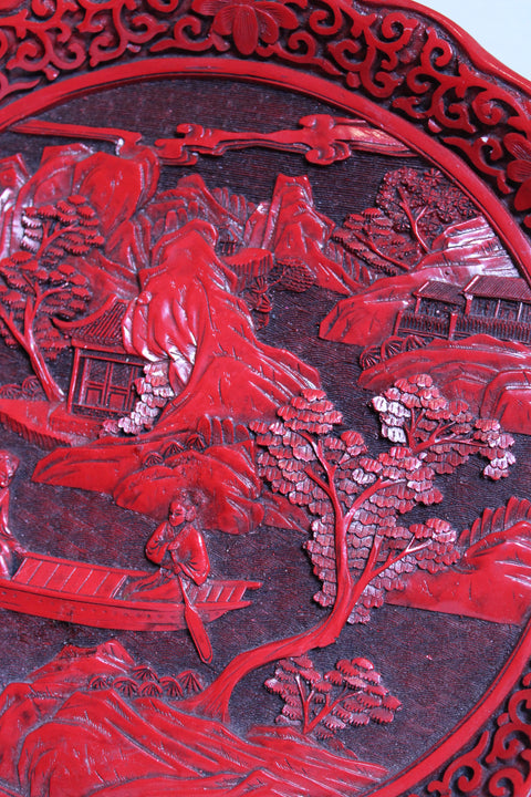 Vintage Red Cinnabar Style Carved Vase and Tray Set