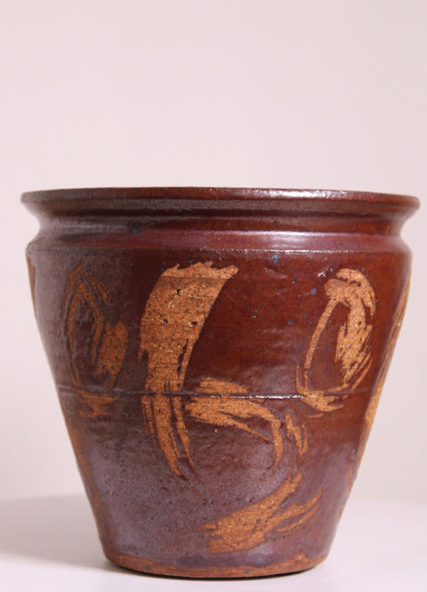 Brown Glazed Relief Studio Pottery Planter