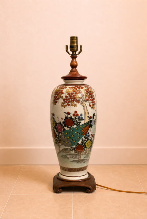 Vintage Japanese Satsuma Porcelain Table Lamp with Peacock & Floral Motif