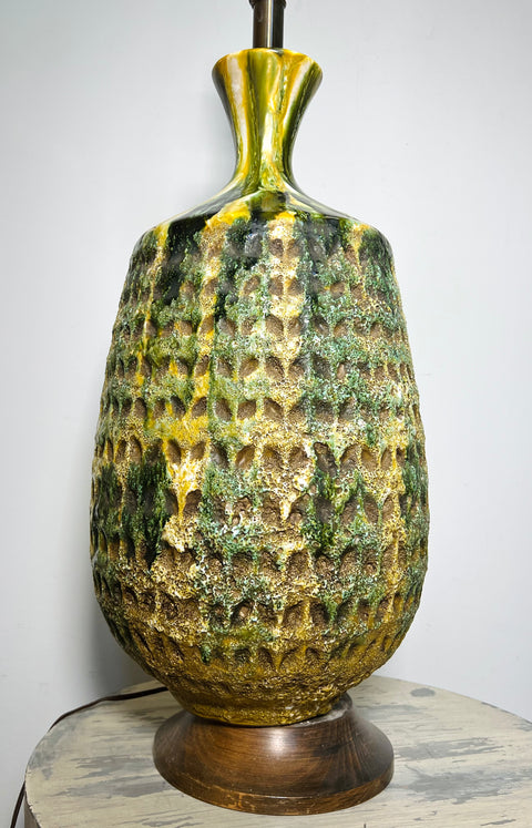 Original Mid-Century Ceramic Green and Yellow Pineapple Style Lamp