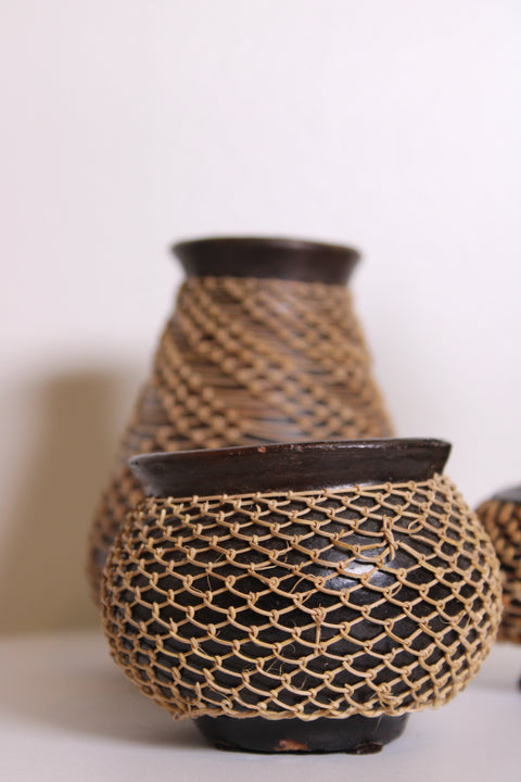 Pair Woven Wrapped Wood Vessels