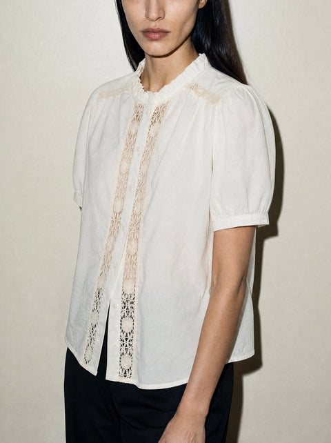1520 Embroidered Lace Short Sleeve Button-Up Blouse