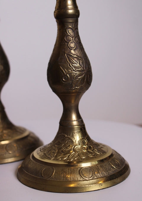 Pair of Engraved Brass Candlesticks