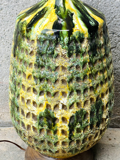 Original Mid-Century Ceramic Green and Yellow Pineapple Style Lamp