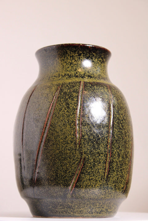 Carved Green Speckled Studio Pottery Vase