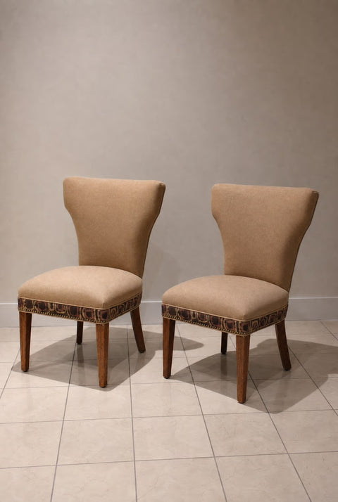 Vintage Pair Sculptural Slipper Chairs with African Kuba Trim