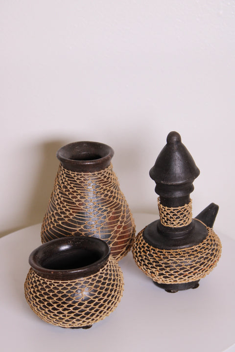 Pair Woven Wrapped Wood Vessels