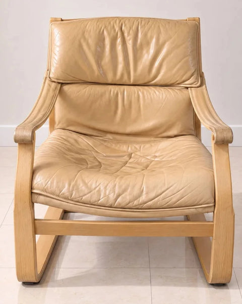 Bentwood Beige / Creme Leather Lounge Chair by Ake Fribytter for Nelo