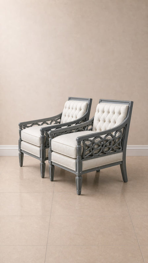Pair Vintage Fretwork Grey Lacquered Chairs