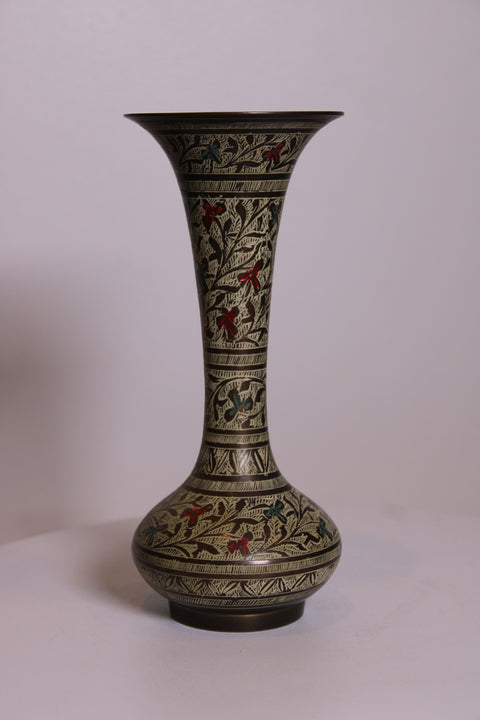 Floral Etched Brass Trumpet Vase