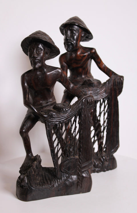 Hand Carved Wood Fishermen Sculpture