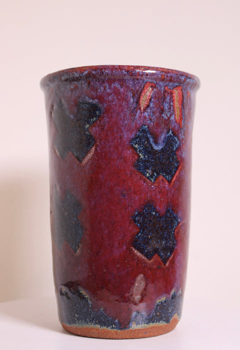 Red Blue Abstract Studio Pottery Cylinder Vase